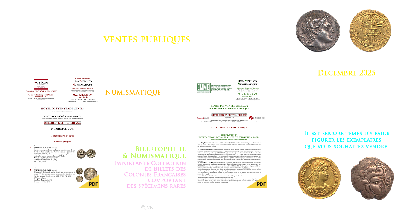 Jean Vinchon Numismatique. Ventes de février 2023. Saint-Malo, éméraude enchères, samedi 4 février 2023. Épernay, champagne enchères, vendredi 17 février 2023.