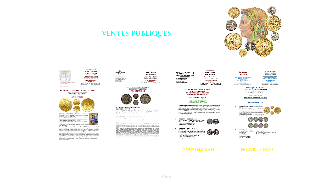 Jean Vinchon Numismatique. Ventes publiques de juin &agrave; septembre 2026.