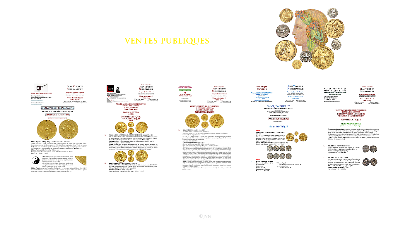 Jean Vinchon Numismatique. Ventes publiques de juin &agrave; septembre 2026.